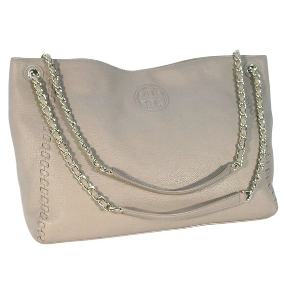 TORY BURCH Marion $495 Pebbled Taupe Leather Whipstitch Chain Tote Shoulder Bag - Picture 1 of 12